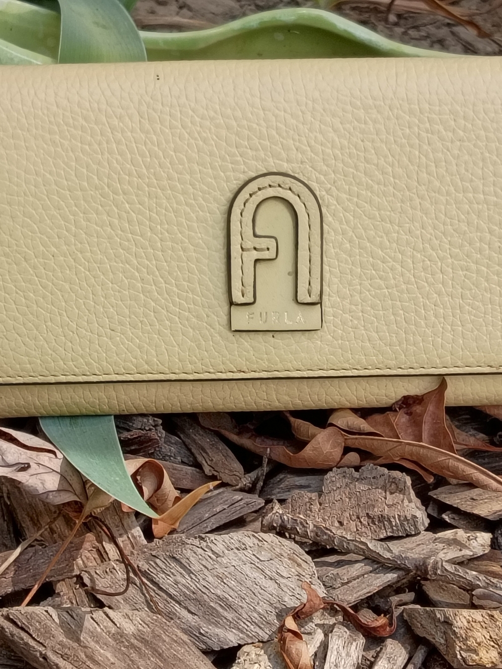 Furla Pale Yellow Leather Clutch with Logo Emblem